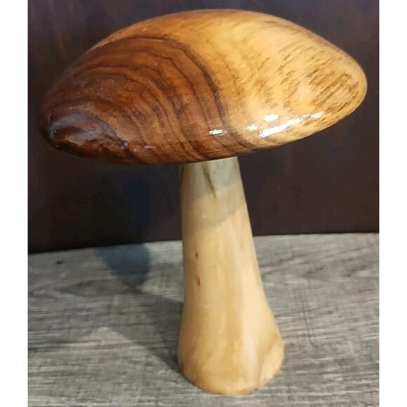 Vintage Hand Carved Wood Golden Mushroom Sculpture Figurine 8.5 Inch Toadstool - Picture 1 of 6
